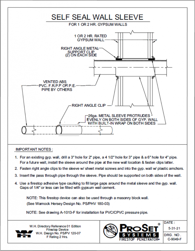 C F Self Seal Wall Sleeve For Gypsum Wallsprovent Penetration