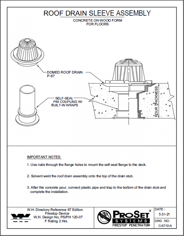 » C6710A Roof Drain Sleeve Assembly for Concrete on Wood