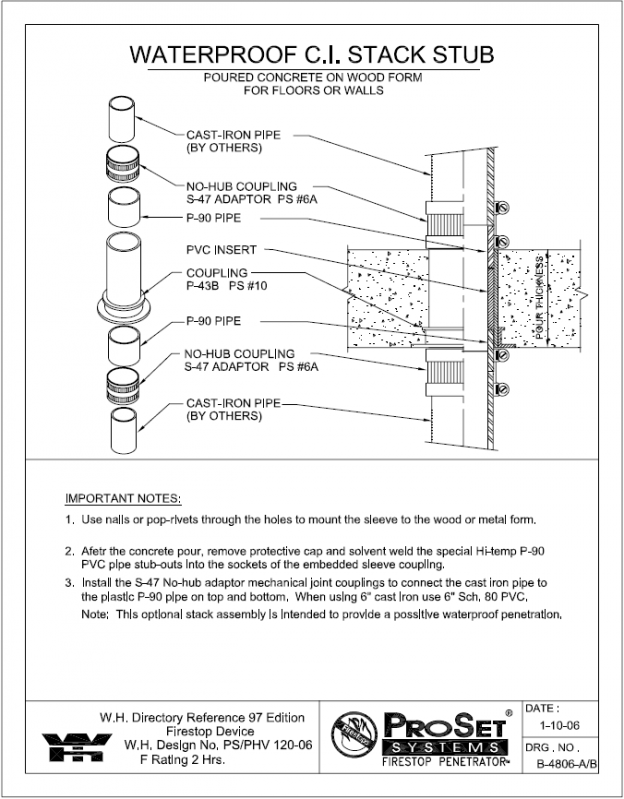 » B4806A Waterproof C.I. Stack Stub for Concrete on Wood