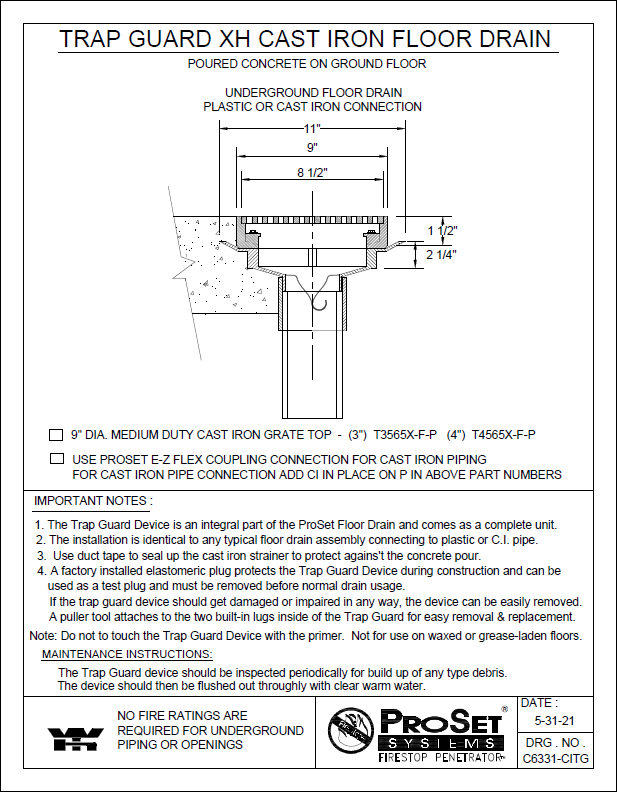 C 6331 Citg Trap Guard Xh C I Floor Drain For Concrete On Ground Floorprovent Penetration Systems