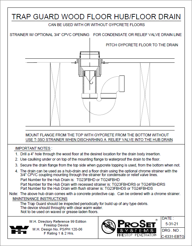 C 6331 Ebtg Trap Guard Wood Floor Hub Floor Drainprovent Penetration Systems